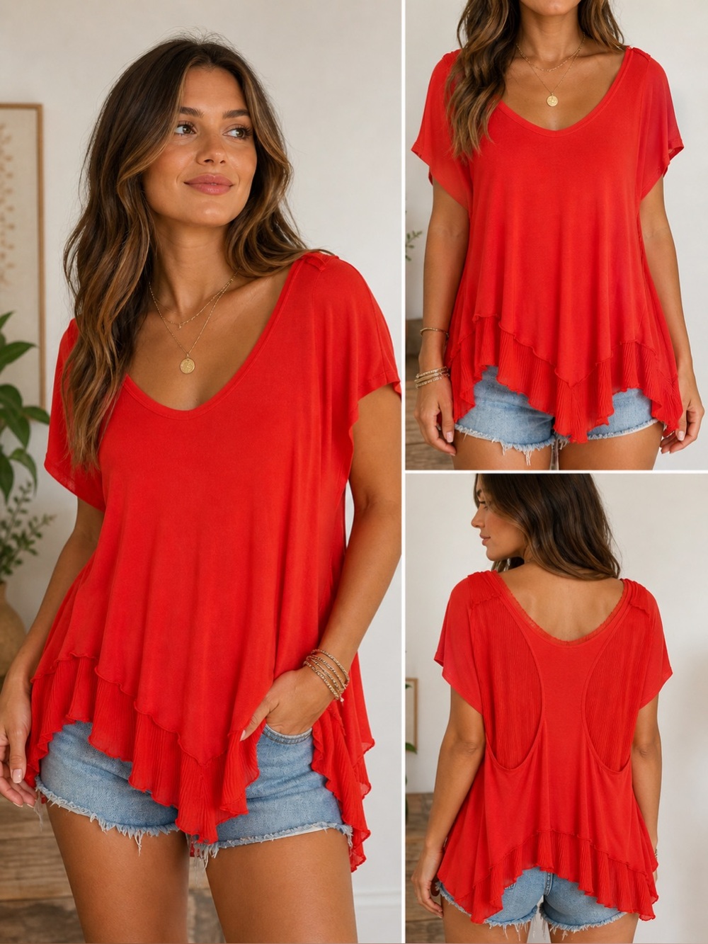 Free People Boho Red Orange Ruffle Hem Flowy Tunic Top Open Back Oversized S